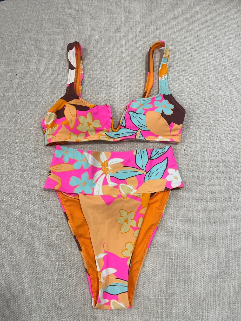aerie Floral High-Waist Bikini in Pink, Orange, Blue & Brown